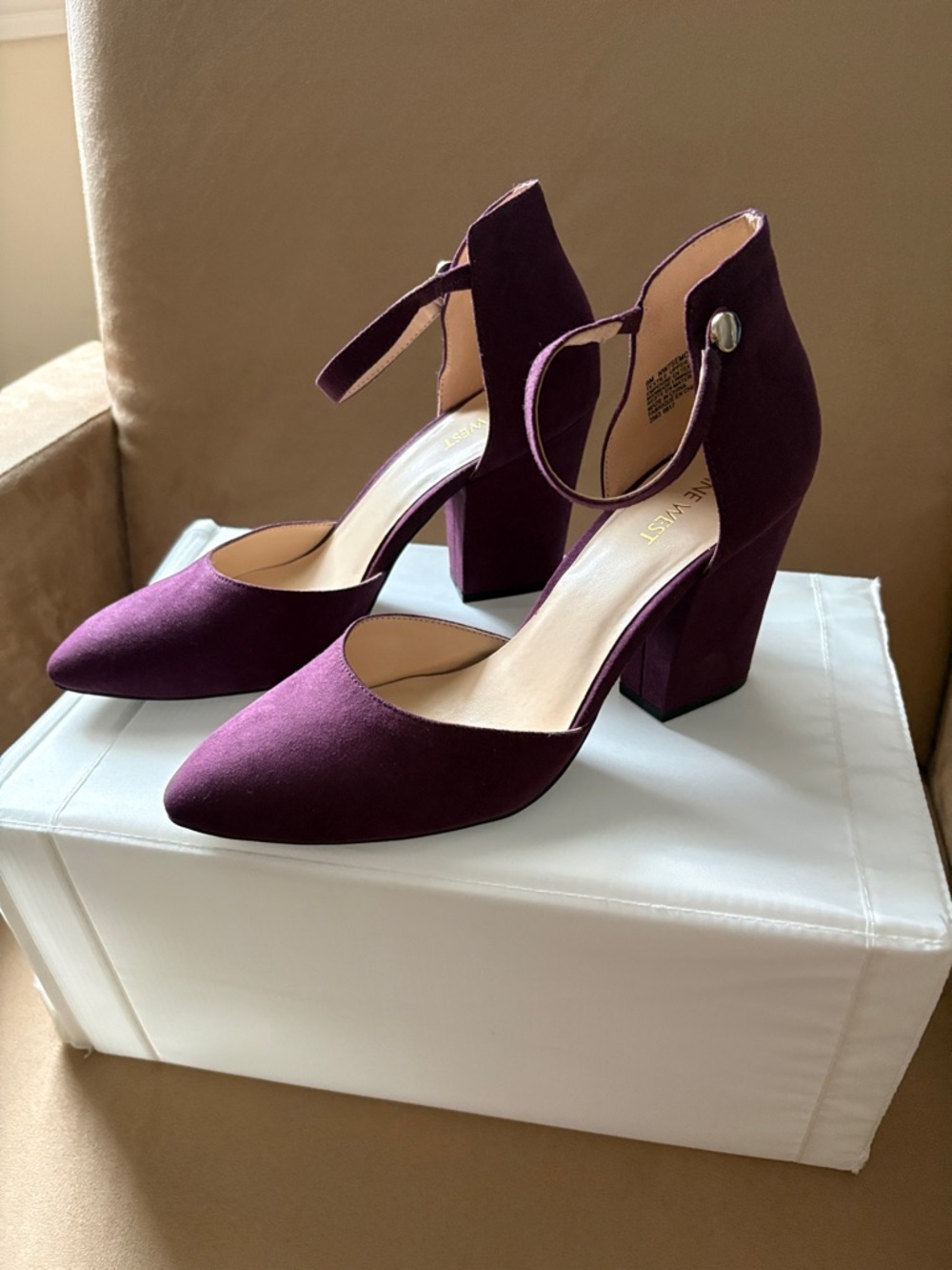 NINE WEST Women's Ankle Strap Pointed Toe Block Heel Pumps - Burgundy